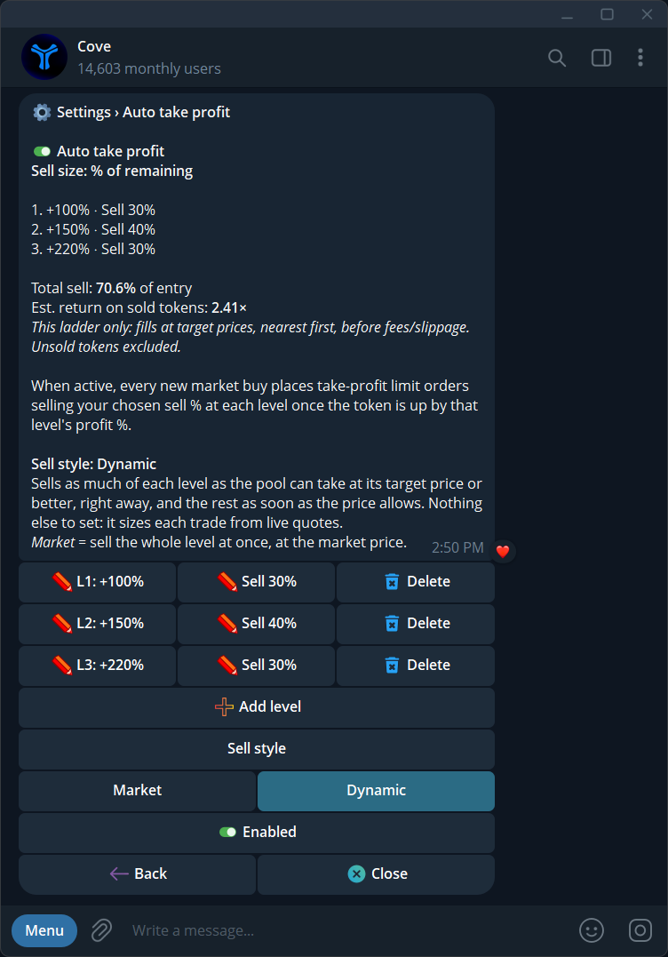 Cove Auto TP settings with Dynamic selected for a take-profit level