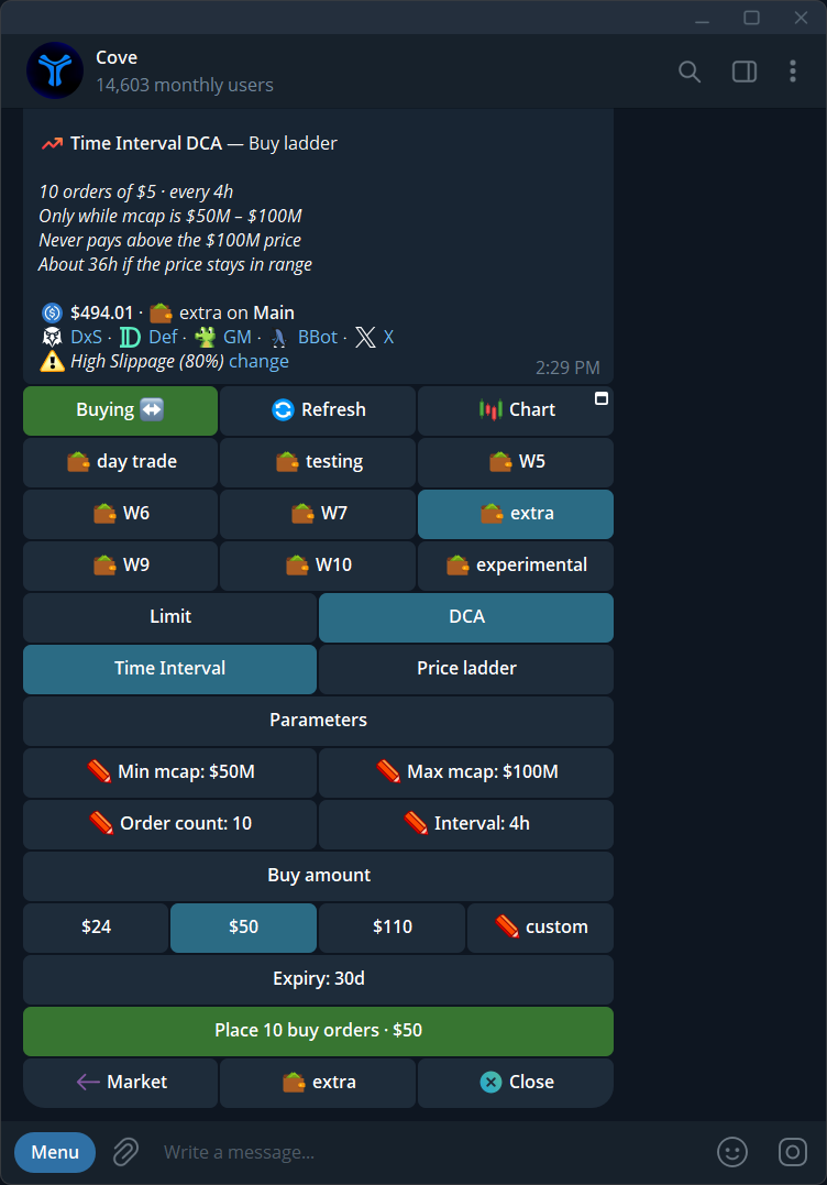 Cove Time Interval DCA buy panel with interval, order count, optional market-cap range and preview