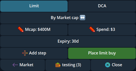 Cove limit buy controls with market-cap target, USDC spend and expiry