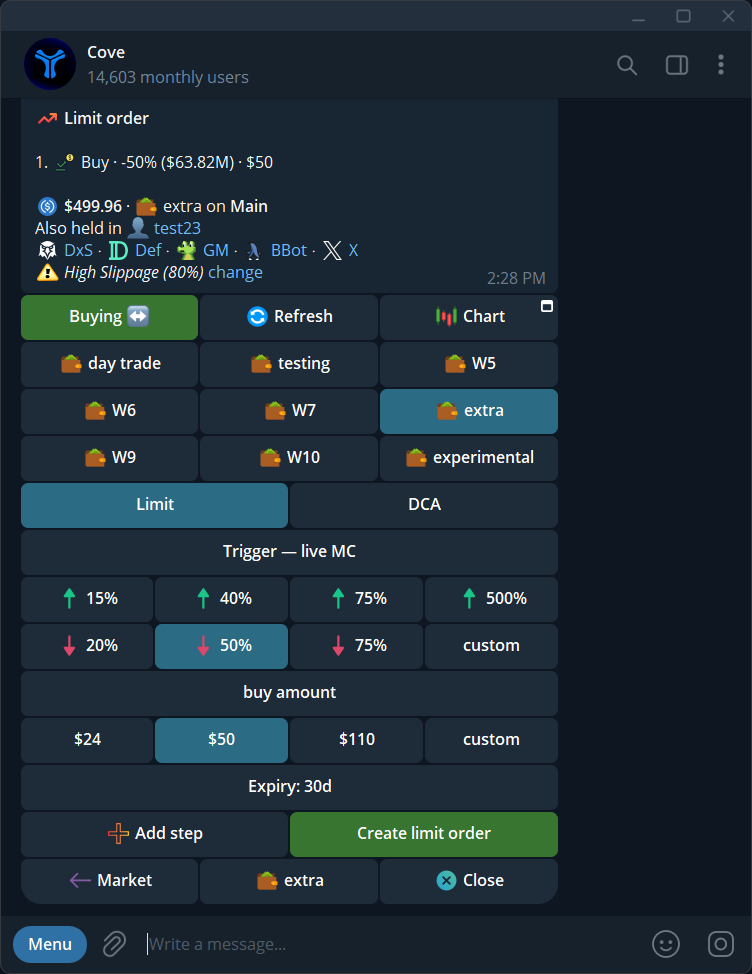 Current Cove Limit Buying panel with trigger direction presets, separate buy amount, selected wallet and expiry