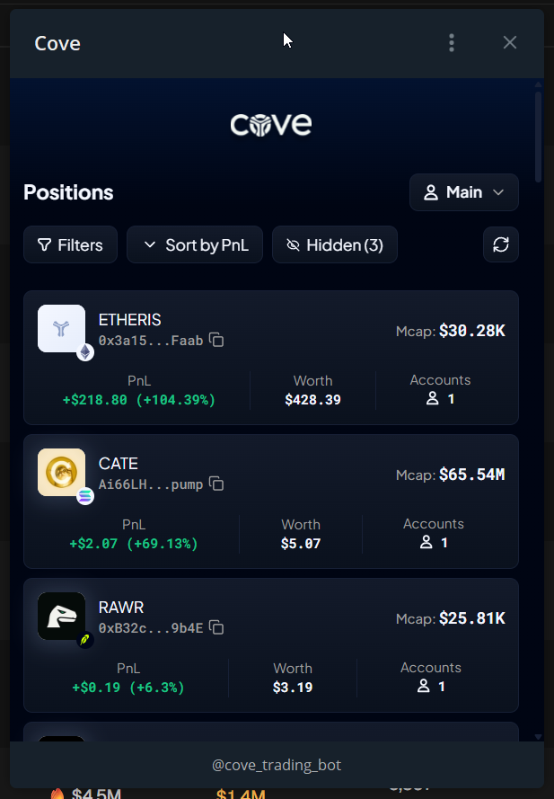 Cove Positions mini app with token positions, PnL, filters and profile selector