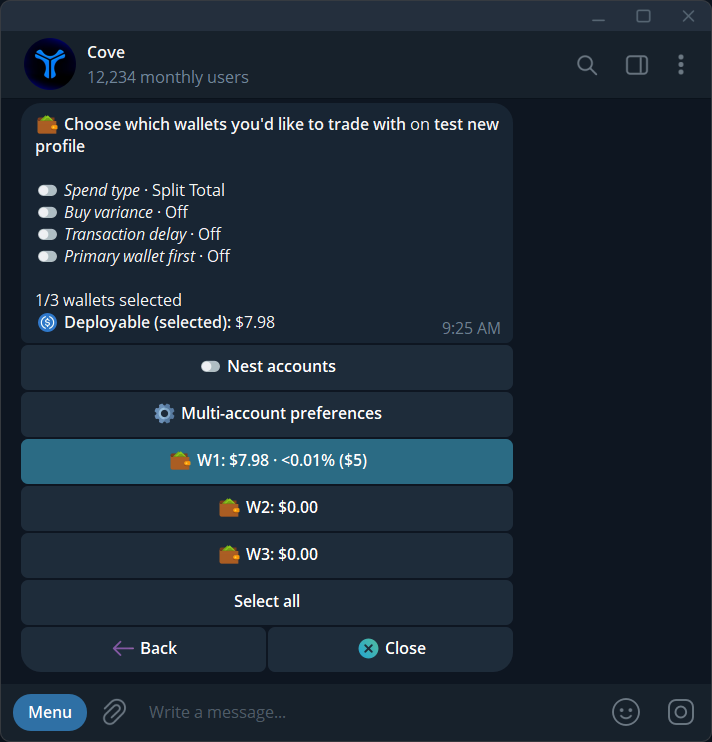 Cove multi-wallet settings with Split Total and Per Wallet sizing controls