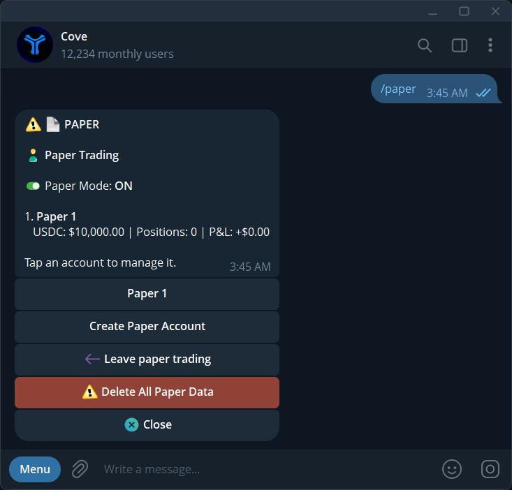 Cove Paper Trading screen with Paper Mode on and virtual USDC