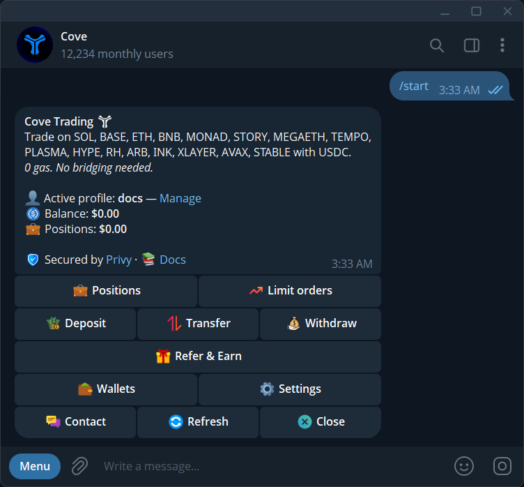 Cove Telegram main menu with active profile, balance and trading tools