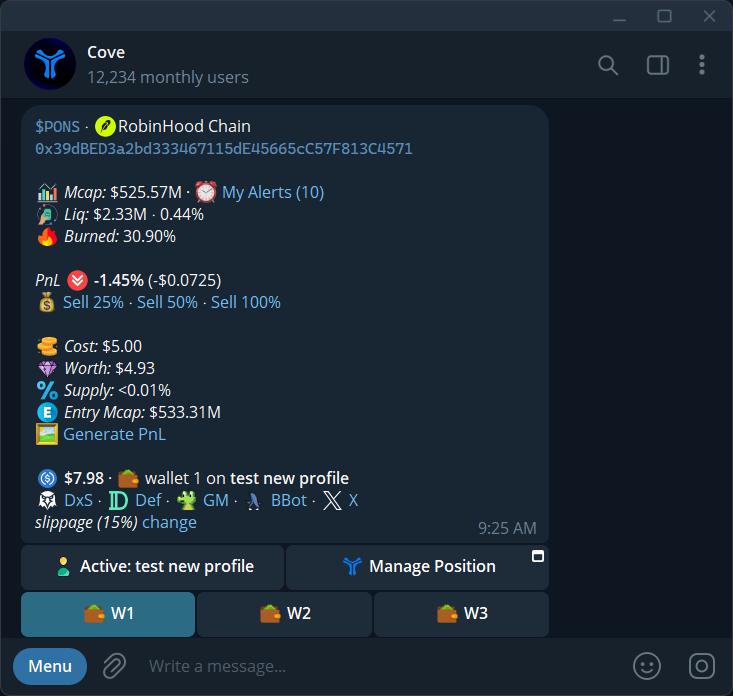 Cove token panel with address, network, liquidity, slippage and selected trading profile